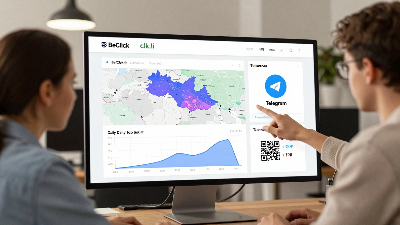 Команда маркетологов анализирует статистику кликов на экране с картой и графиками.