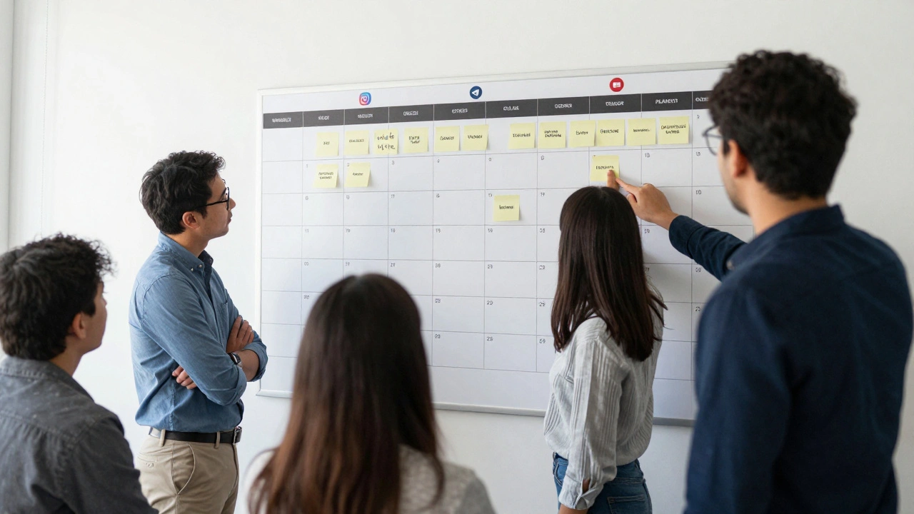 Команда обсуждает план публикаций на настенном календаре с цветными заметками и иконками каналов.