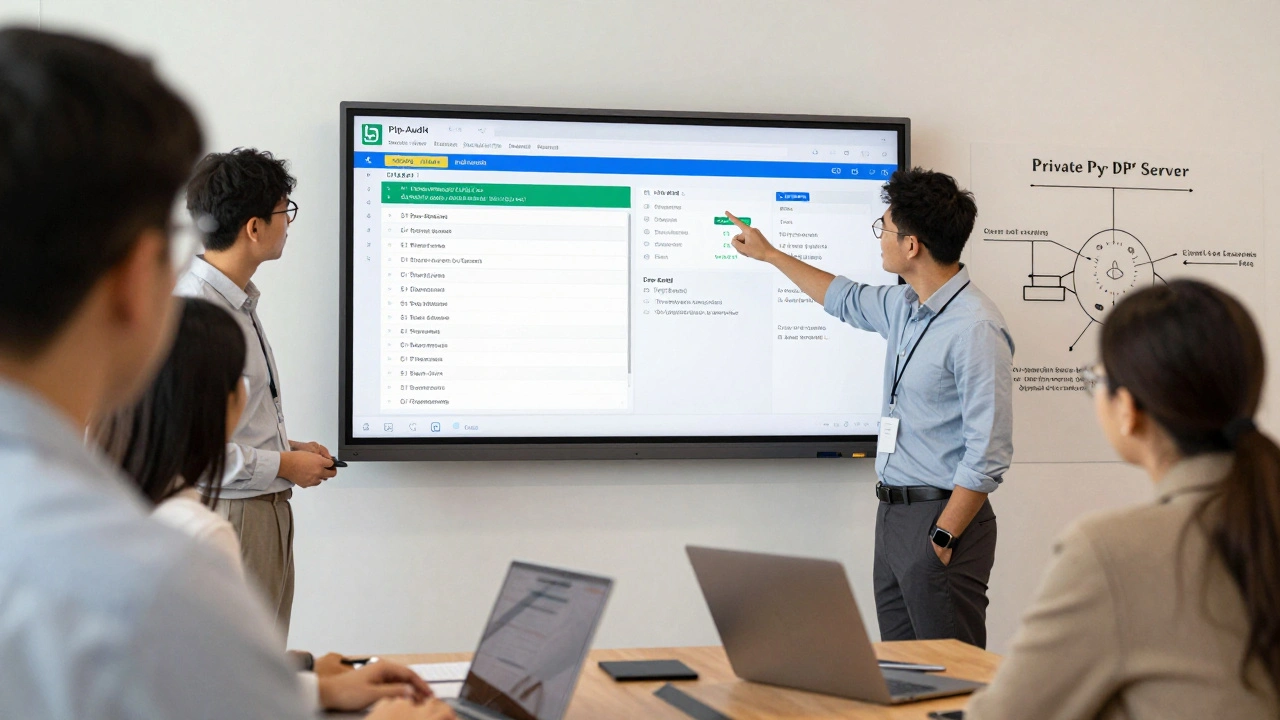 Команда разработчиков анализирует отчет о безопасности с выявленными уязвимостями, на фоне — схема приватного PyPI-репозитория.