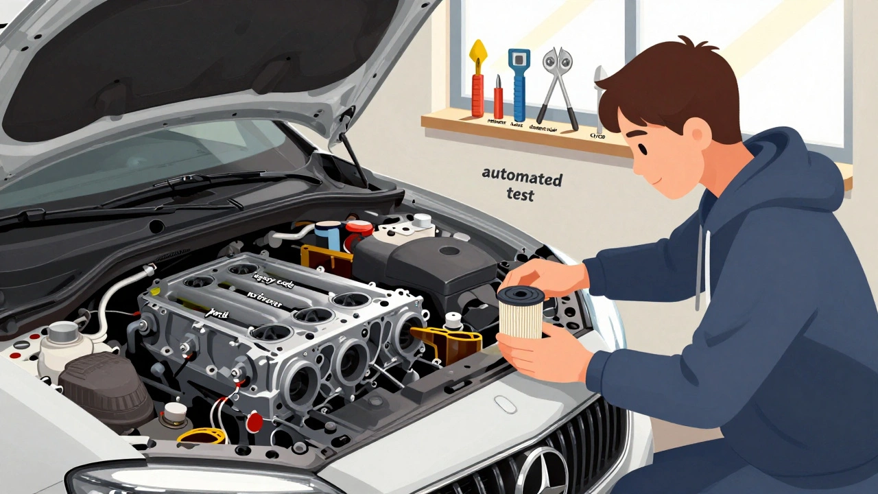 Механик меняет фильтр в автомобиле с протекающим двигателем, символизирующий улучшение кода через автоматизацию тестов.