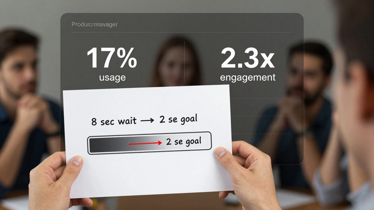 Младший продукт-менеджер показывает прототип с данными: сокращение времени загрузки с 8 до 2 секунд.