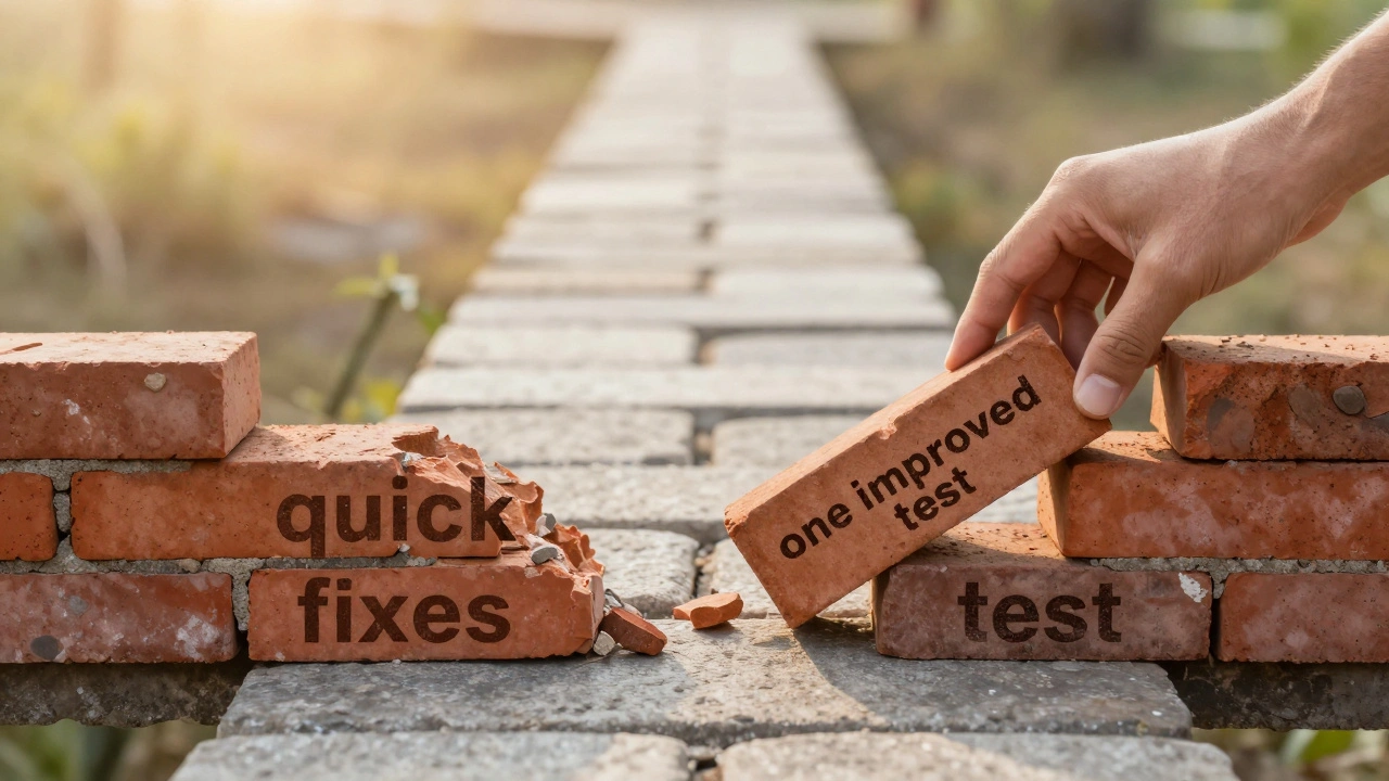 Молодой разработчик кладет новый камень в мост из разрушающихся кирпичей, обозначающий прогресс через небольшие рефакторинги.