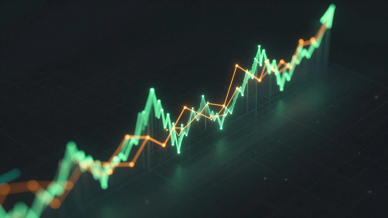 Неоновая волна трендов из точек данных в темноте
