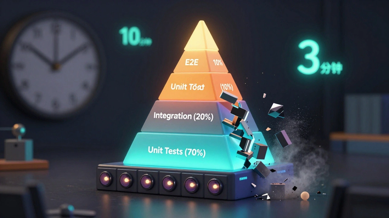 Пирамида тестов с акцентом на юнит-тесты, разрушающаяся обратная пирамида E2E-тестов.