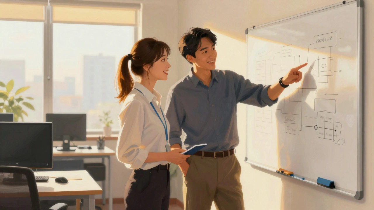 QA и разработчик успешно сотрудничают у доски в офисе.