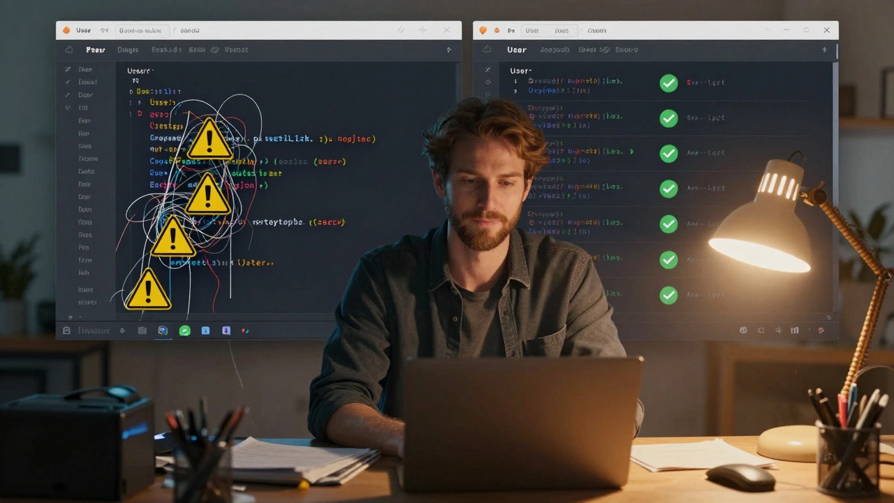Разделение сложного класса на простые модули: слева — хаос, справа — чистая структура с зелёными галочками.