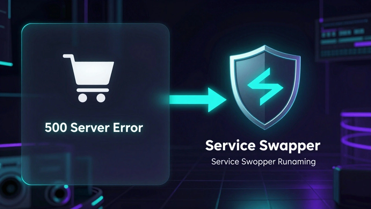 Разделенный экран: приложение с ошибкой 500 и сервис-воркер, перехватывающий запросы и направляющий их к заглушкам.