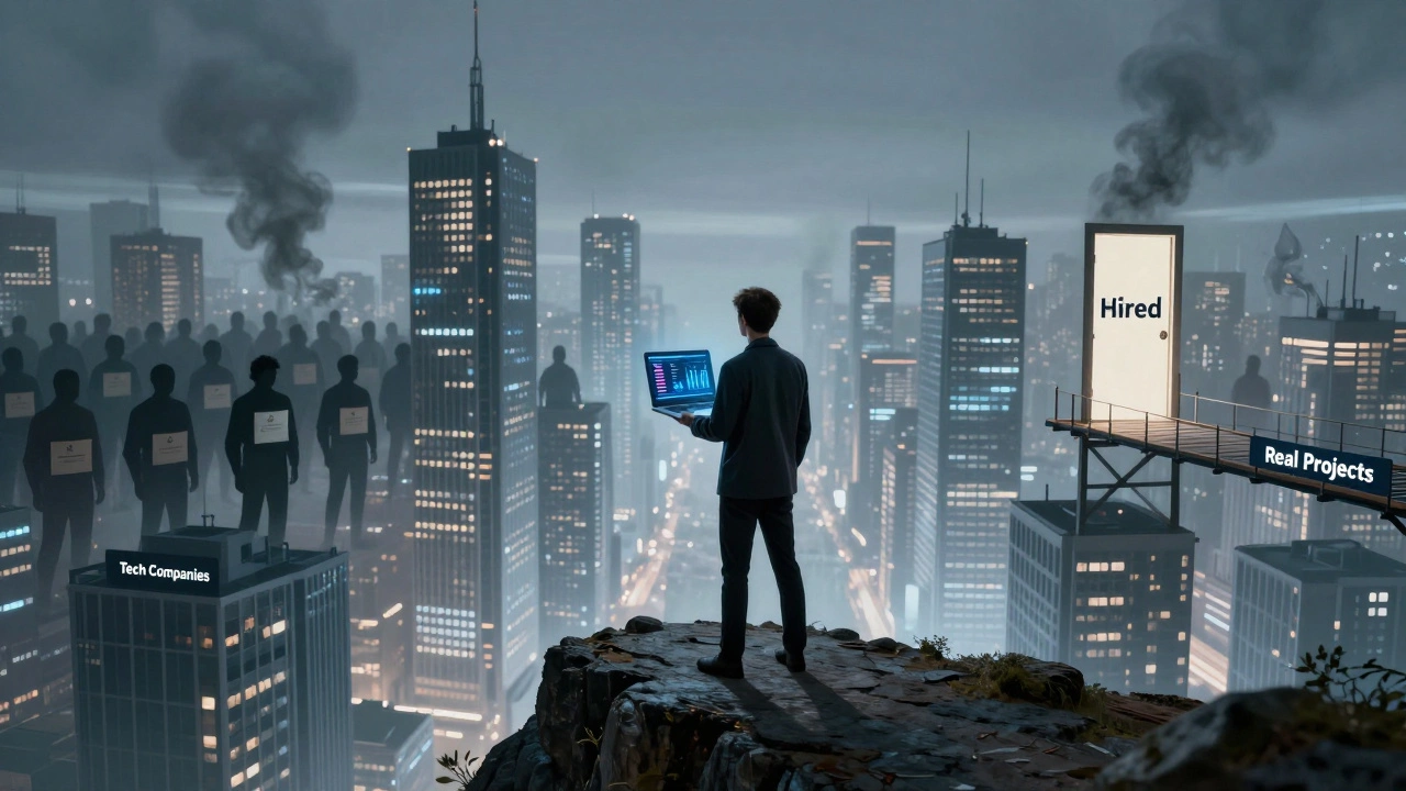 Разработчик на краю пропасти, держит ноутбук с метриками, за ним растворяются сертификаты, впереди — мост к трудоустройству.