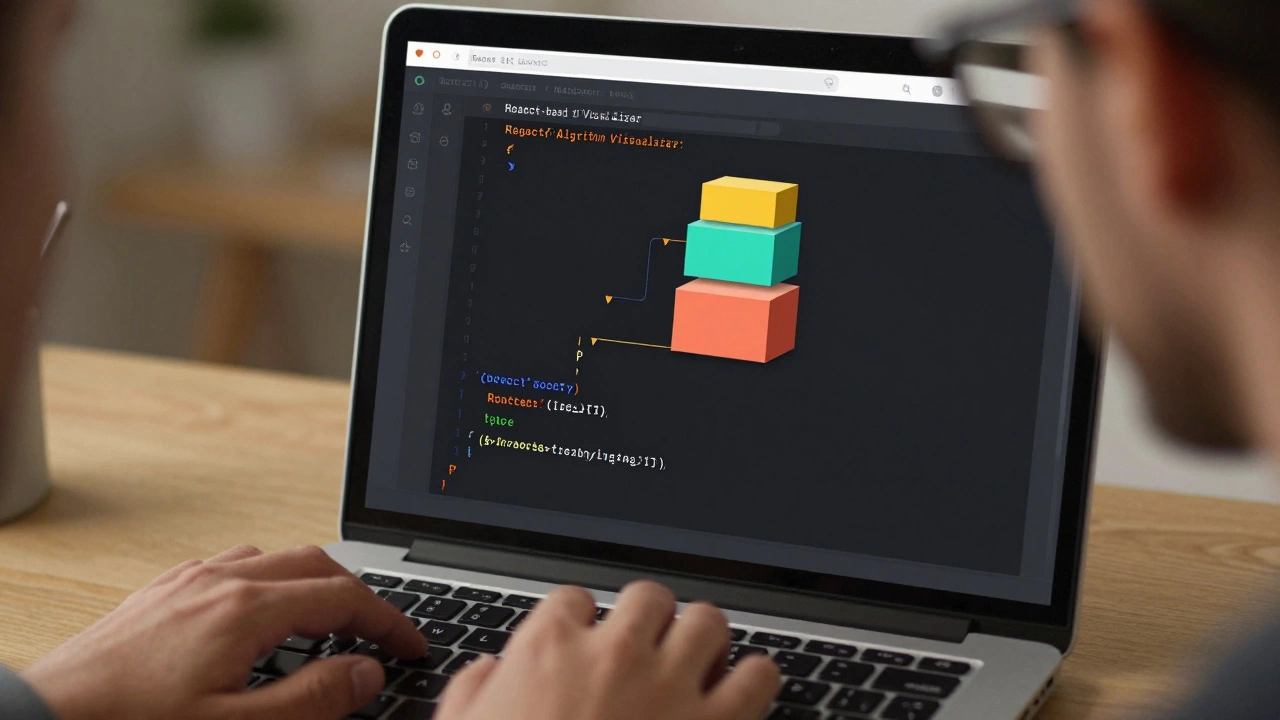 Разработчик наблюдает за анимацией стека в визуализаторе алгоритмов на экране браузера.