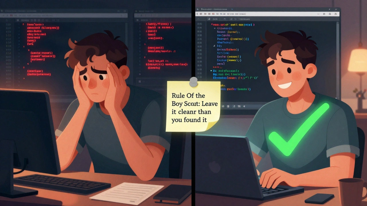 Разработчик переписывает грязный код в чистый — визуализация правила 'оставляй лучше, чем нашел'.