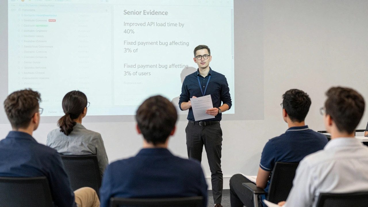 Разработчик представляет документ с достижениями, доказывающими уровень сеньора, перед командой технических руководителей.
