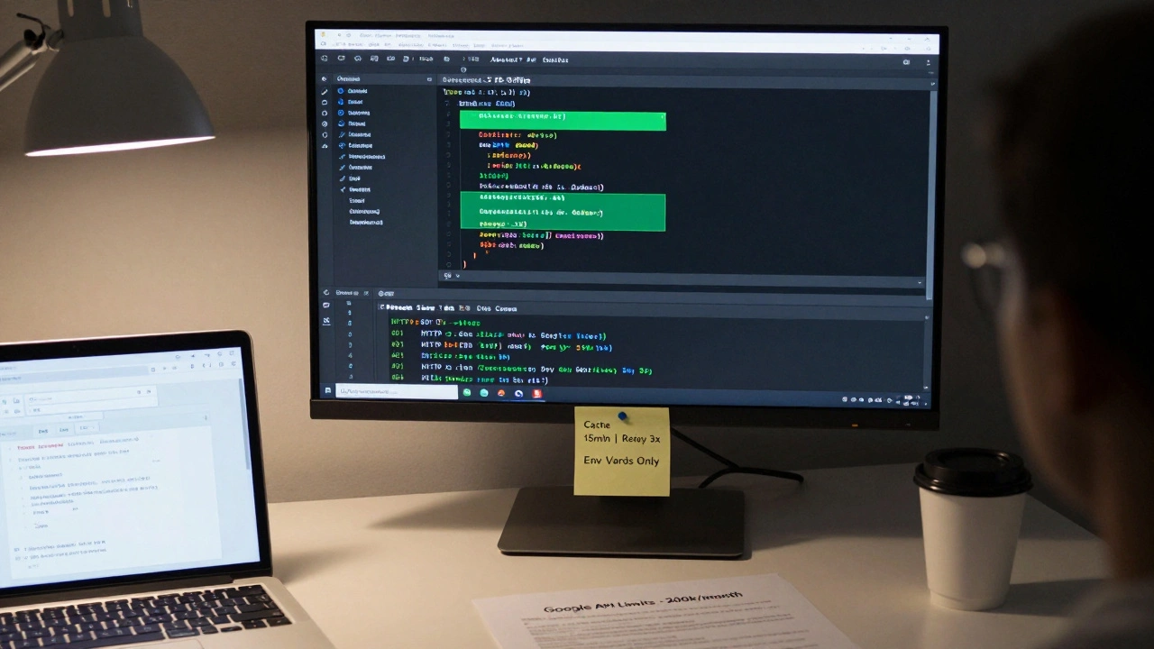 Разработчик за рабочим столом ночью, на экране — код адаптера API и логи ошибок, на столе — файл .env.