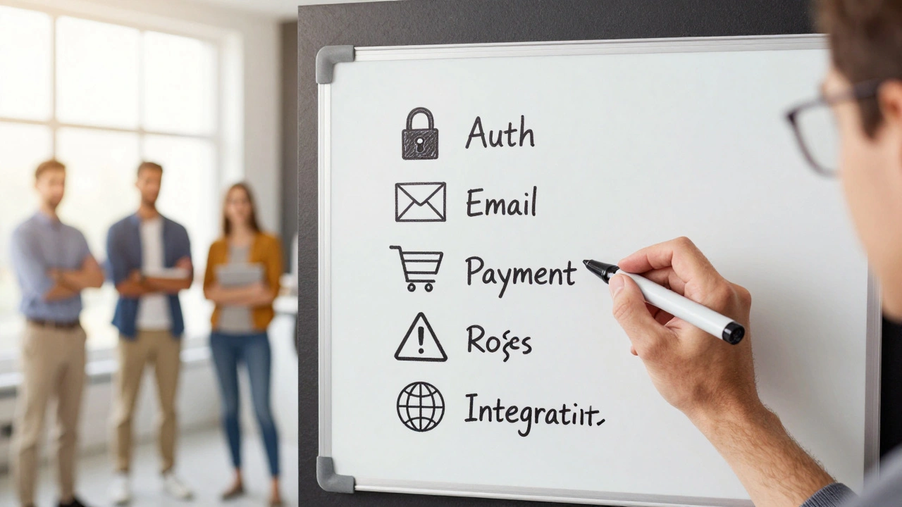 Рука пишет чек-лист на доске с иконками проверок: авторизация, email, корзина, ошибки, роли, интеграции, за спиной — команда в Agile-режиме.
