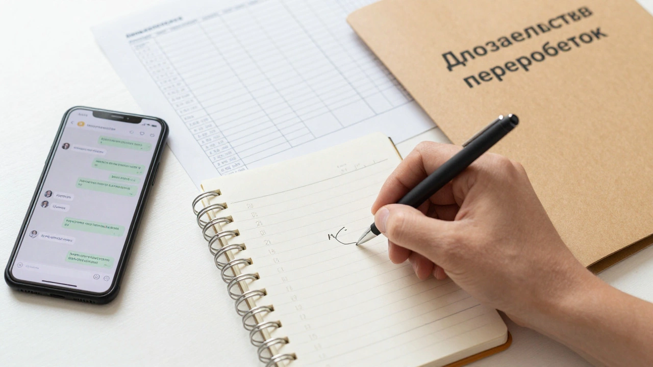 Рука записывает даты переработок в блокнот рядом с телефоном, сохранёнными чатами и картой прихода.