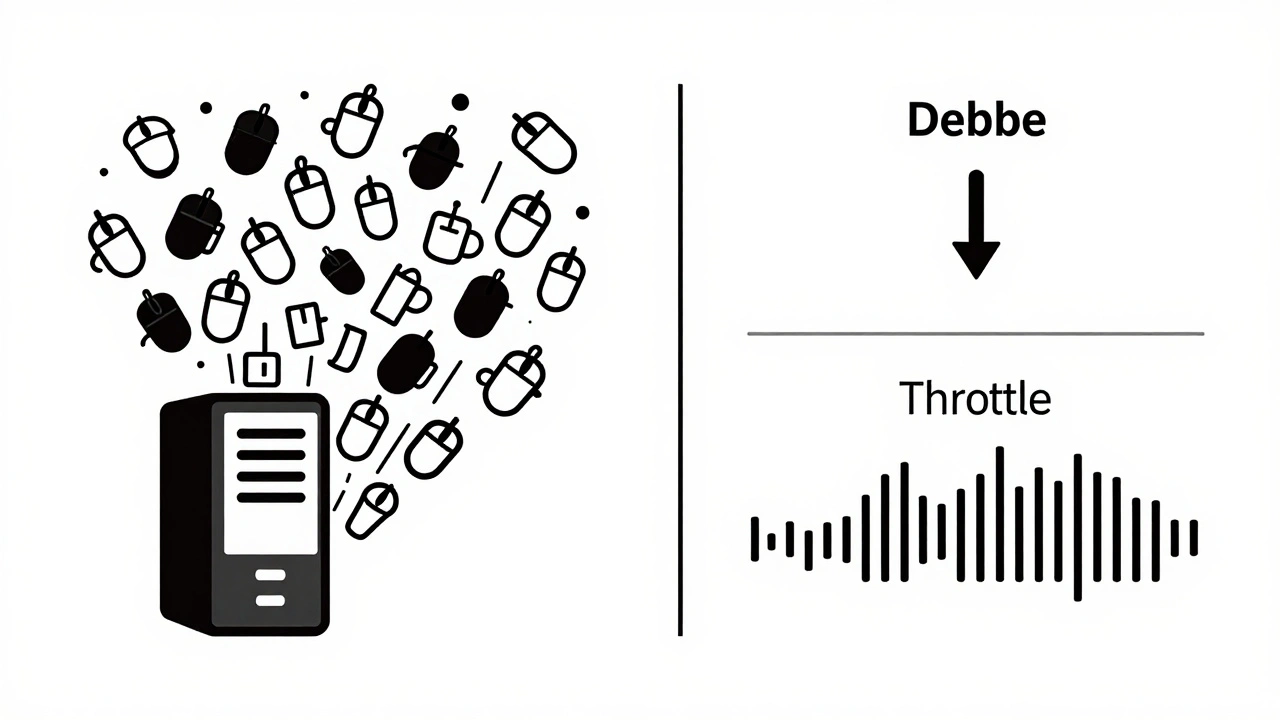 Сравнение дебаунса и троттлинга: фильтрация множества событий в два упорядоченных потока.