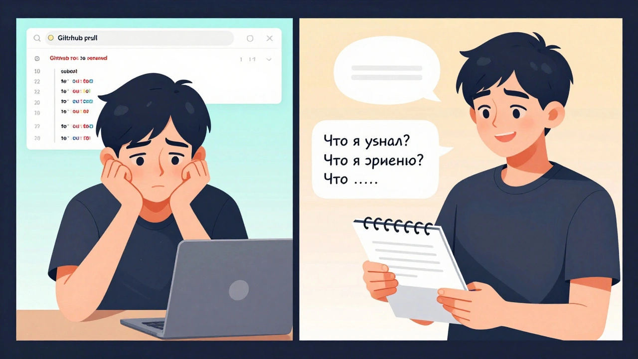 Сравнение двух состояний младшего разработчика: один боится отзывов, другой активно учится и записывает уроки.