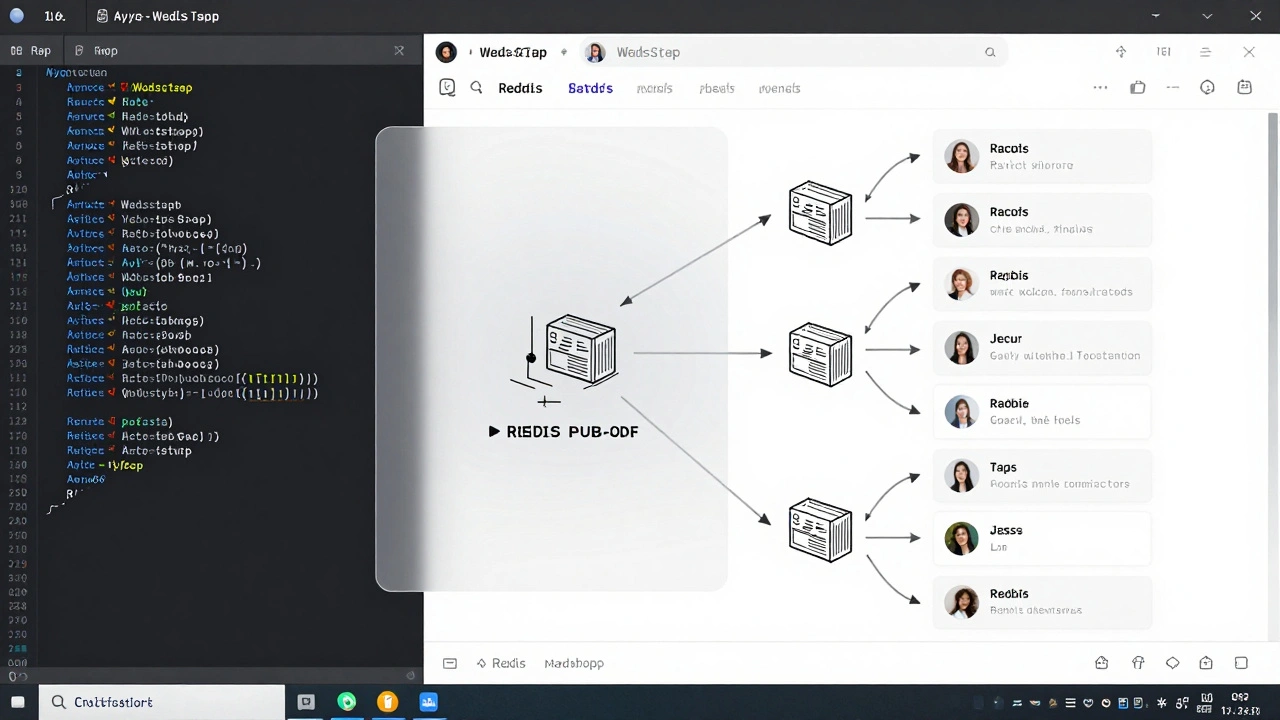 Сравнение кода Python на терминале и живого чата в браузере с указанием связи через Redis.