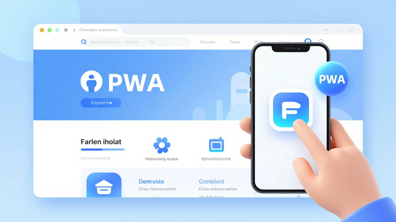 Сравнение обычного сайта и PWA: слева — браузер, справа — полноэкранный апп, рука нажимает на иконку на телефоне.