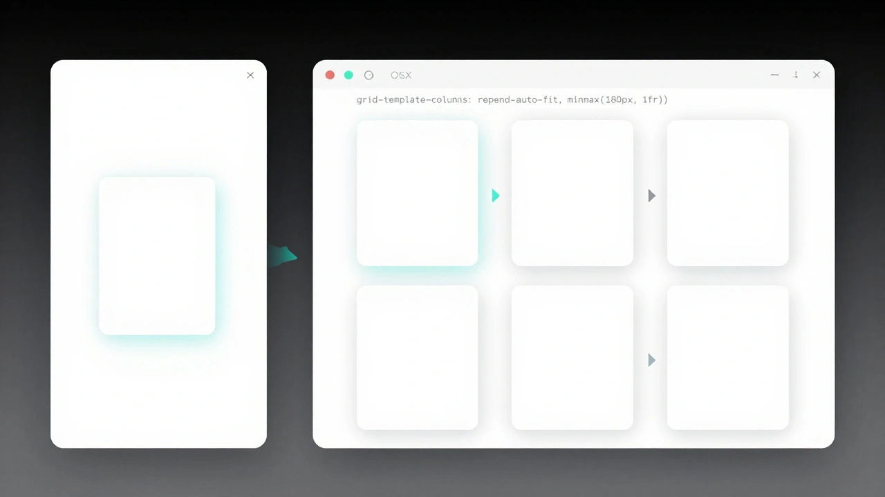 Сравнение одного вертикального столбца карточек и четырёх горизонтальных — иллюстрация работы CSS Grid с auto-fit без медиа-запросов.