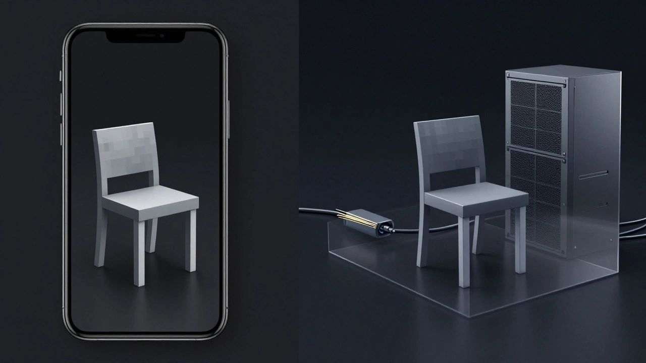 Сравнение: слева — медленный AR-рендер на телефоне, справа — мгновенный чёткий AR-образ, созданный через edge-сервер.