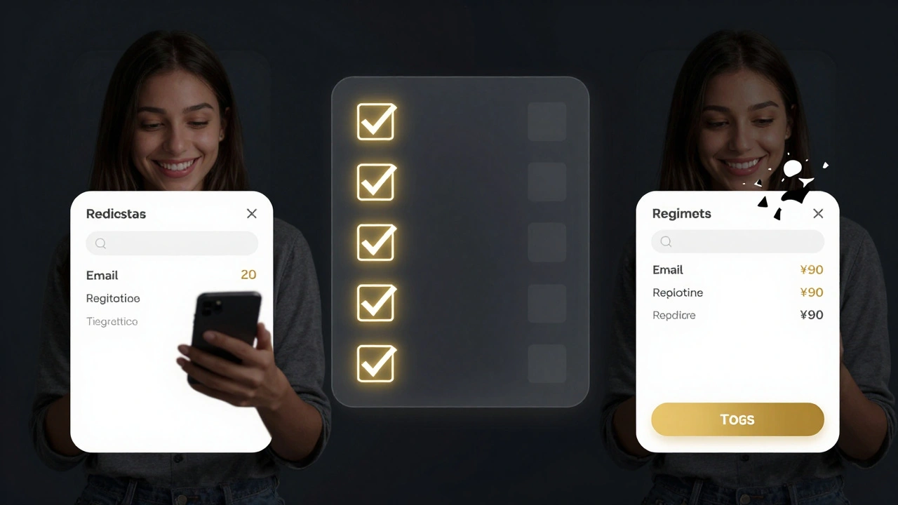 Сравнение успешного и сломанного сценария регистрации: слева — идеально, справа — ошибки, между ними — светящийся чек-лист с шестью пунктами.