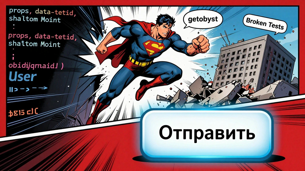 Супергерой 'Пользователь' разрушает код, нажимая на кнопку с текстом 'Отправить'.