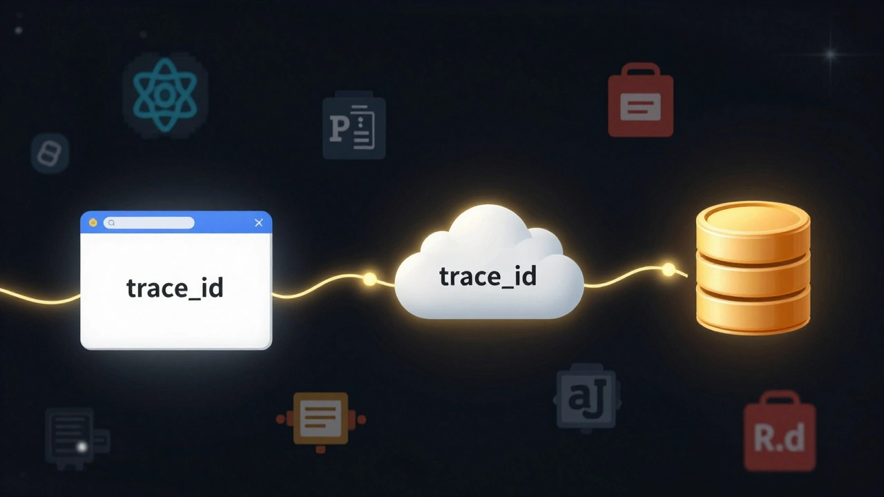 Светящаяся цепочка соединяет браузер, сервер и базу данных через единый trace_id, символизируя полную трассировку запроса.