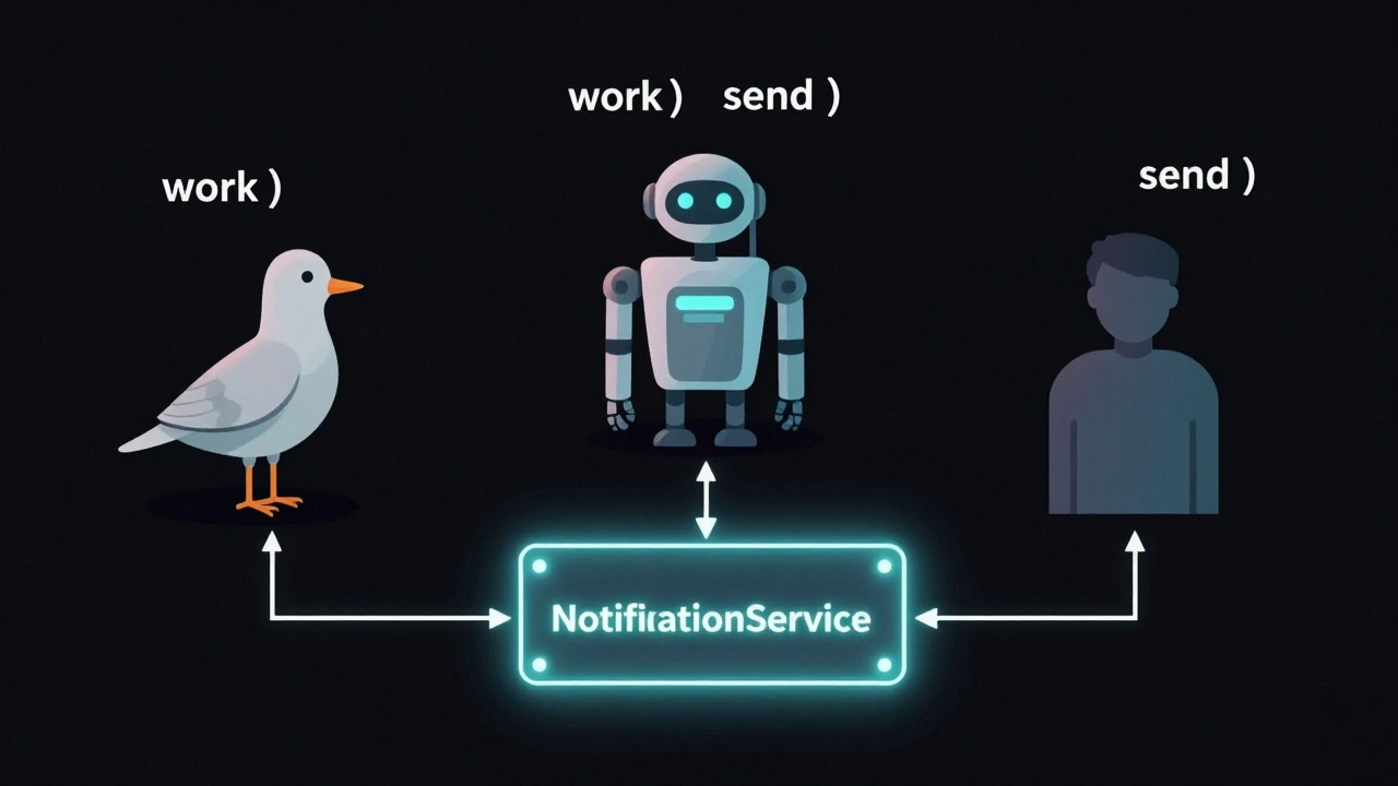 Три объекта — птица, робот, человек — с интерфейсами, соединённые договорами с сервисом, на тёмном фоне с неоновыми линиями.