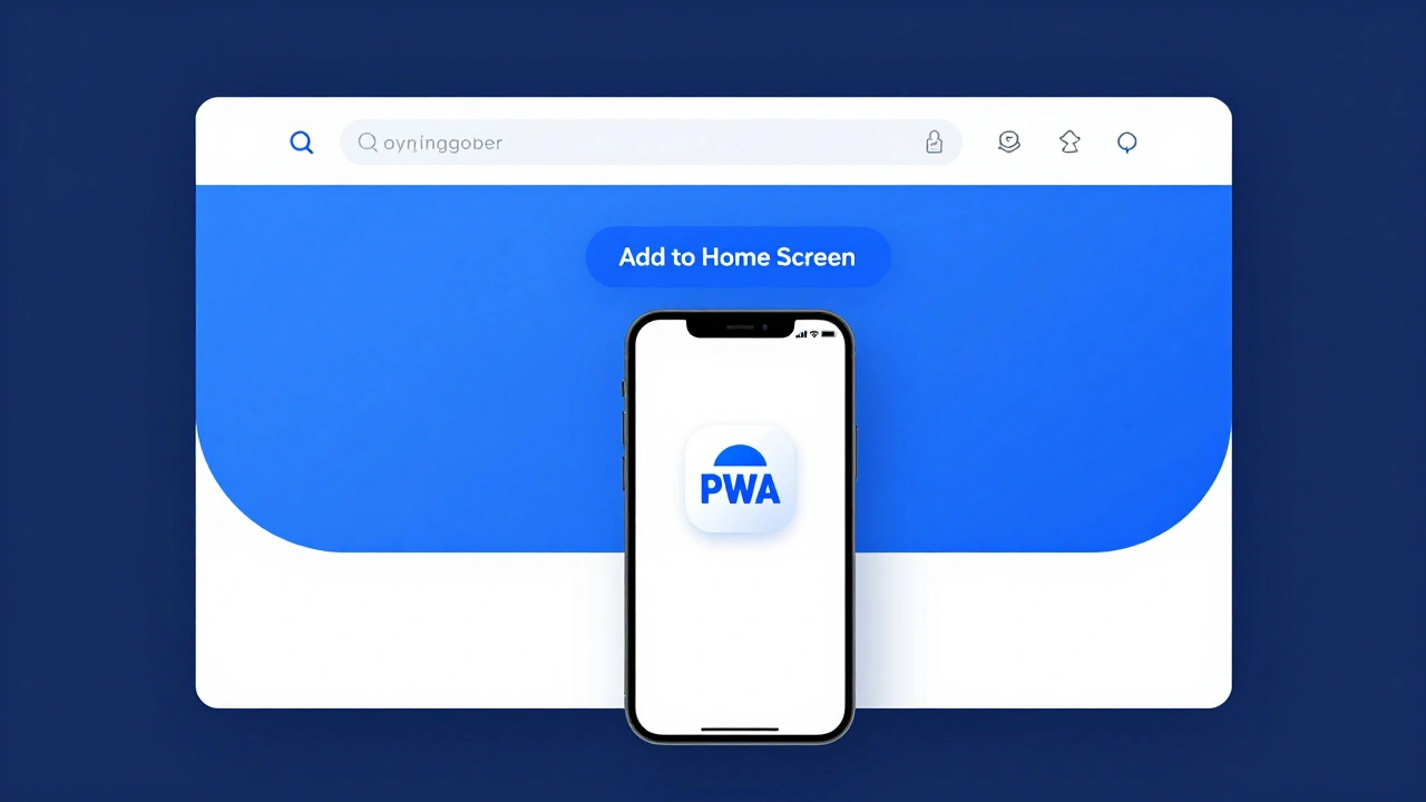 Веб-страница превращается в полноэкранные приложение без панели браузера, на фоне смартфон с ярлыком PWA.