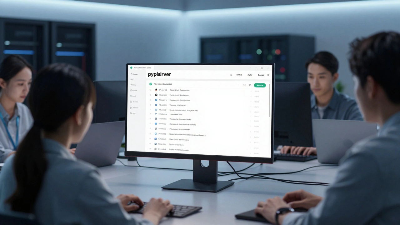 Внутренний PyPI-сервер на экране с загружаемыми пакетами, рядом команда разработчиков.