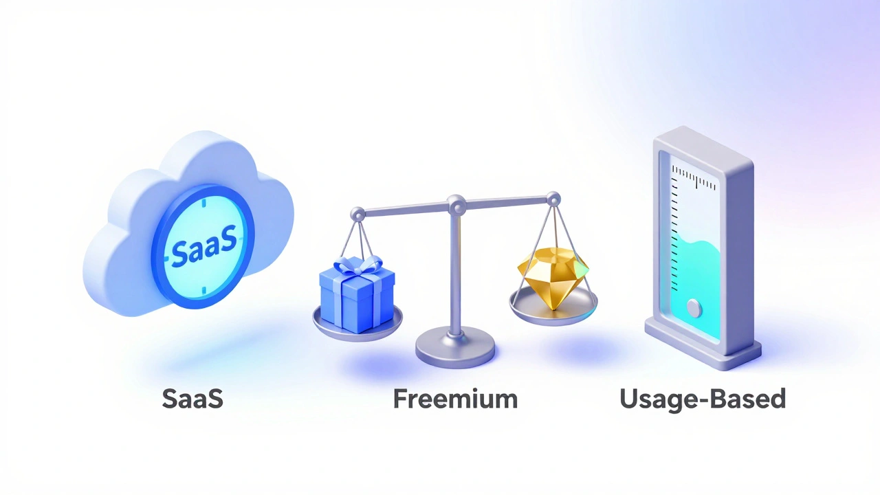 3D-иллюстрация моделей монетизации: SaaS, Freemium и оплата по потреблению