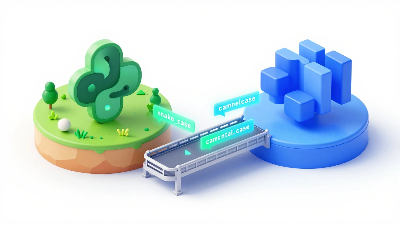 3D-иллюстрация трансформации данных из snake_case в camelCase через мост