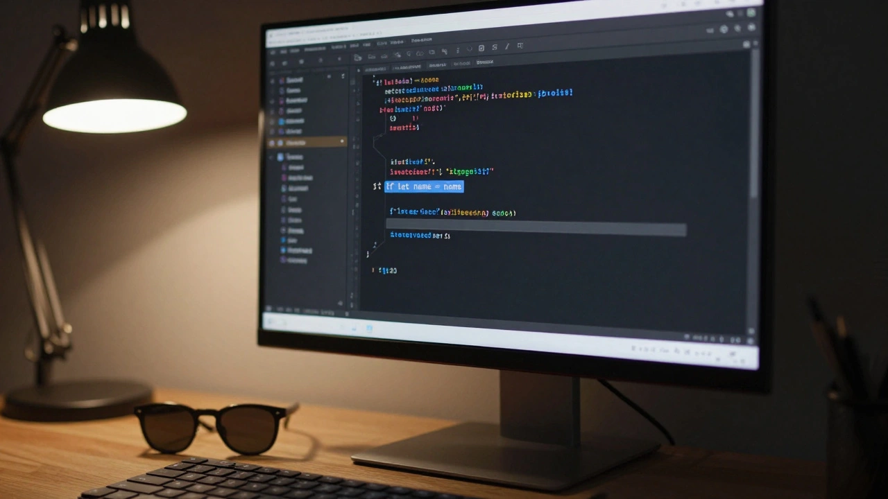 Экран монитора с кодом на Swift и солнцезащитными очками на столе
