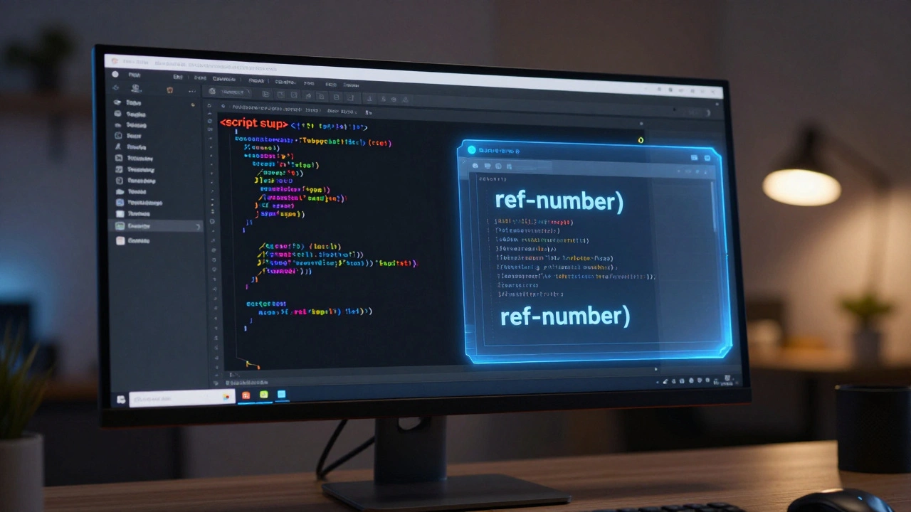 Экран монитора с кодом script setup и голографической типизацией TypeScript