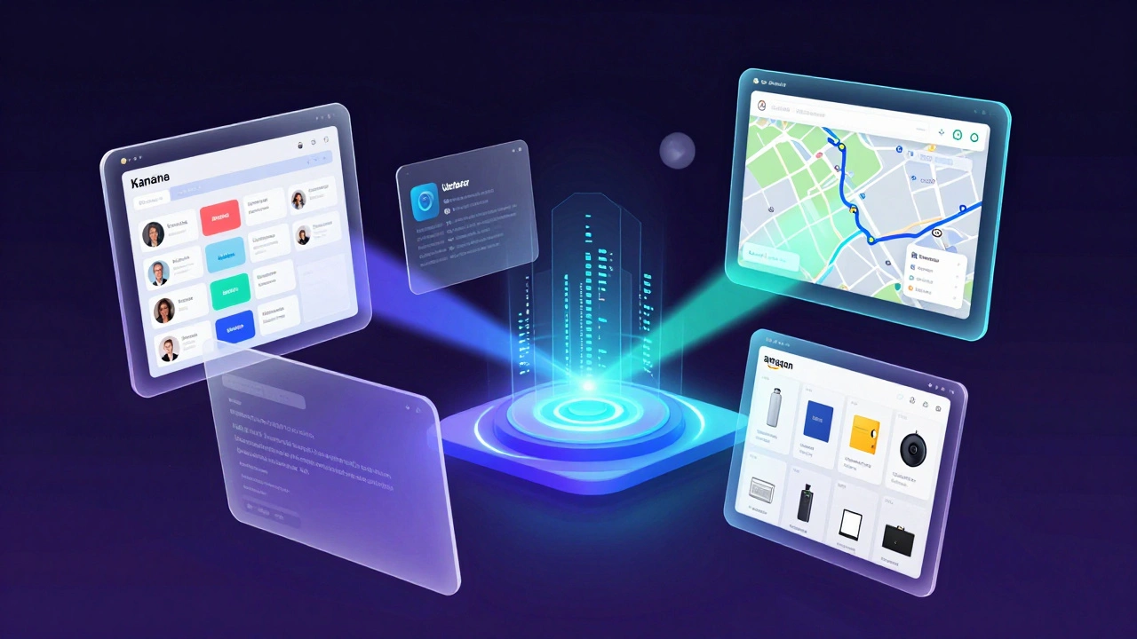 Голографические интерфейсы Trello, Uber и Amazon, связанные с программным кодом