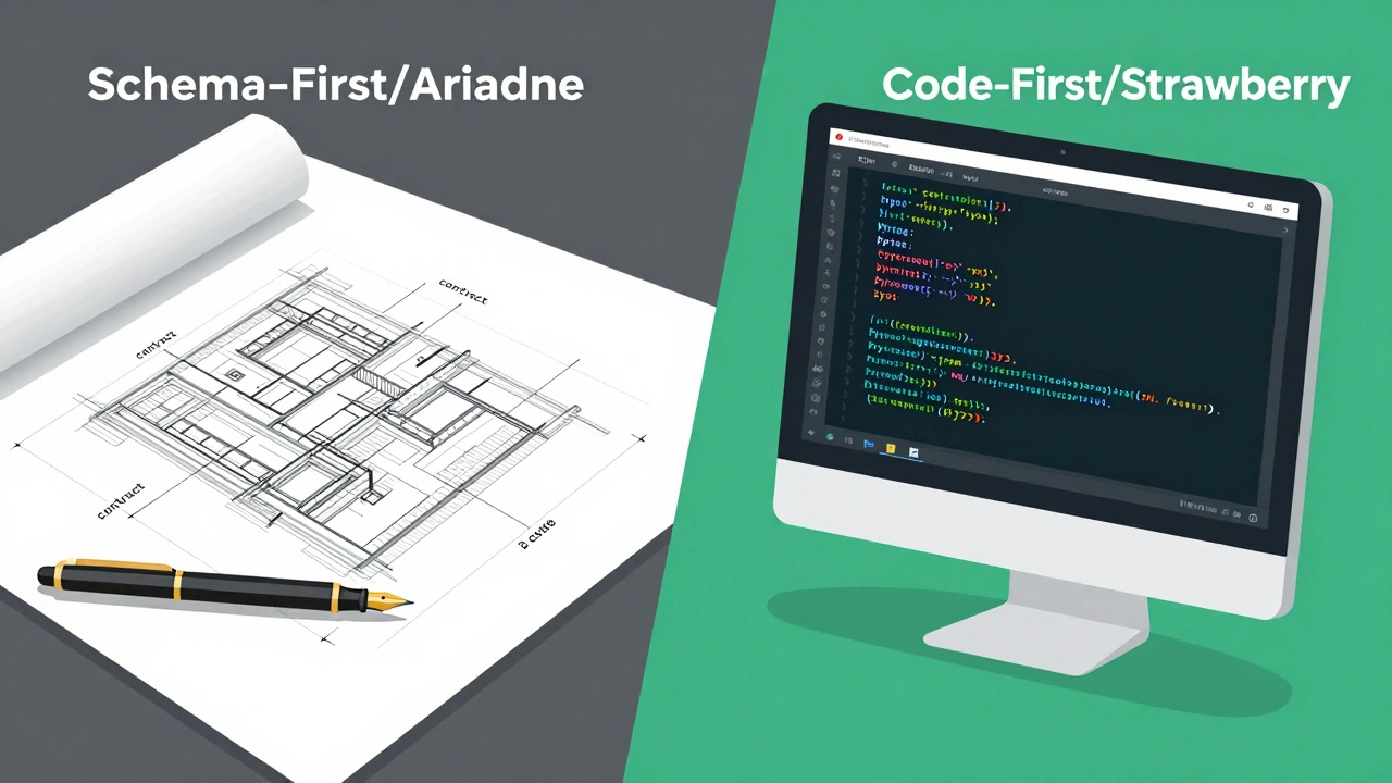 Иллюстрация двух подходов: архитектурный чертеж для Ariadne и современный код для Strawberry