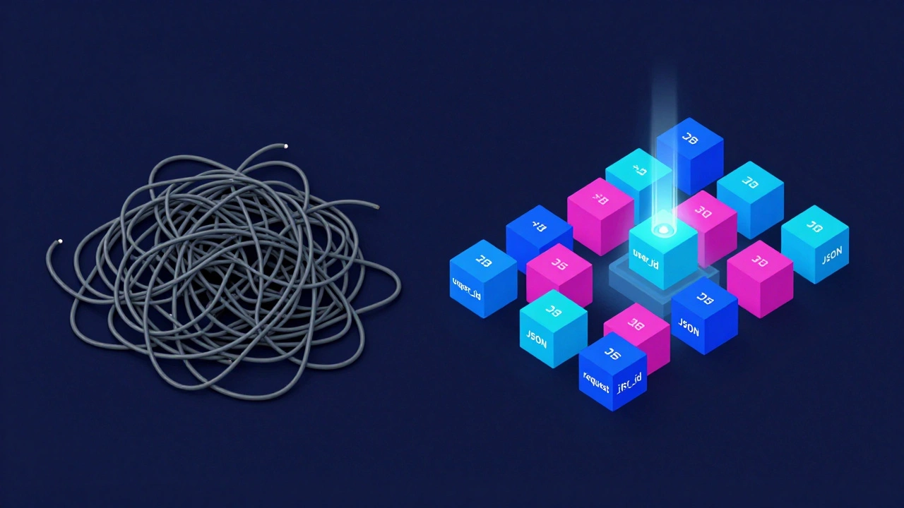 Изометрическая иллюстрация превращения хаотичного текста в структурированные JSON-блоки
