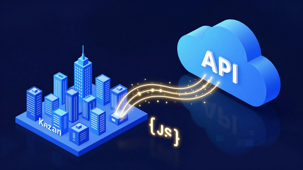 Изометрическая иллюстрация процесса передачи данных между городом и API сервера