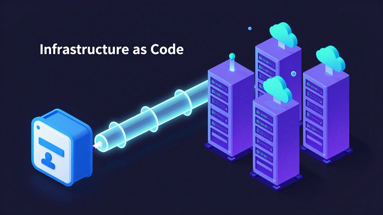 Изометрическая иллюстрация процесса превращения кода в облачную инфраструктуру