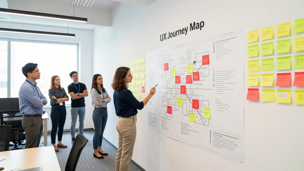 Команда дизайнеров анализирует карту пути пользователя с отмеченными проблемными зонами