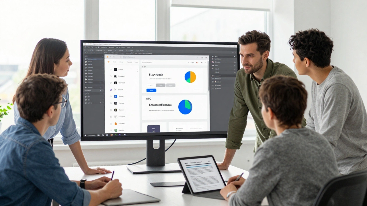 Команда дизайнеров и разработчиков обсуждает компоненты дизайн-системы у большого экрана