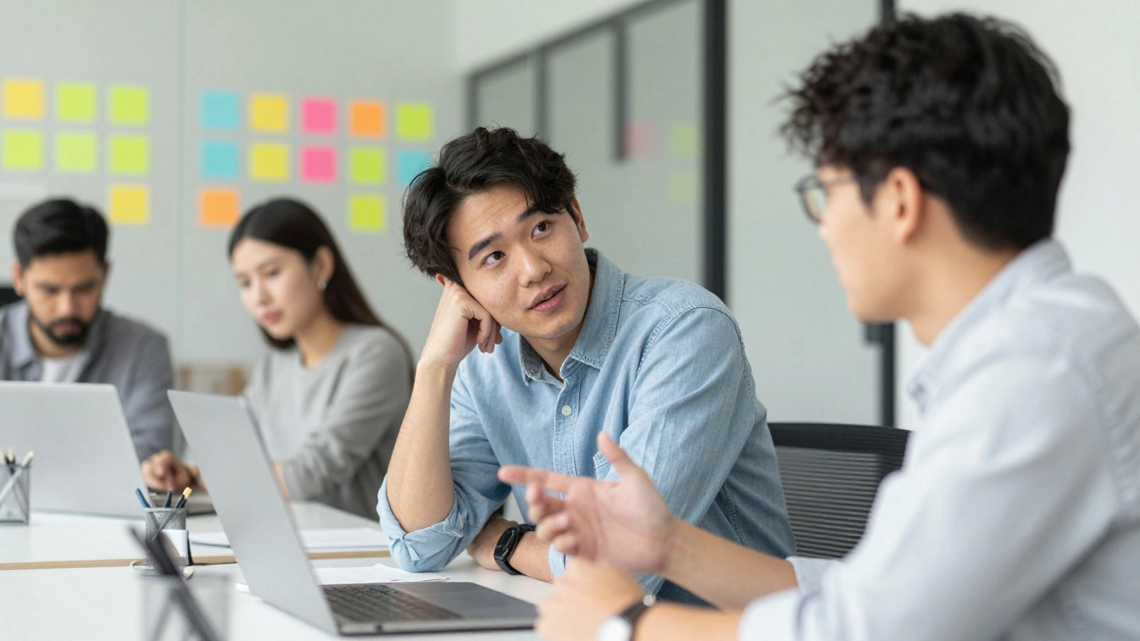 Команда разработчиков на стендапе, где джуниор внимательно слушает коллегу.