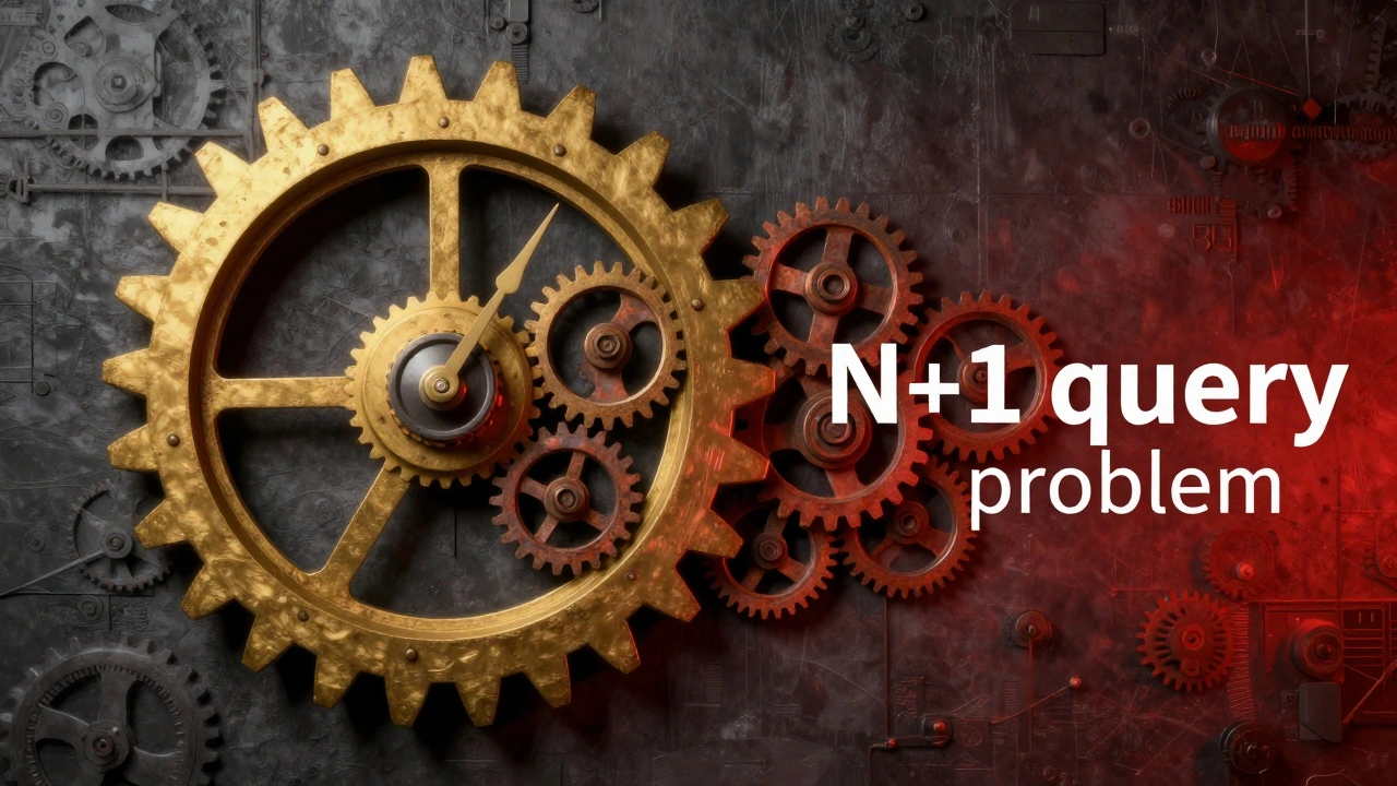 Концептуальное изображение проблемы N+1 запросов в виде шестеренок механизма