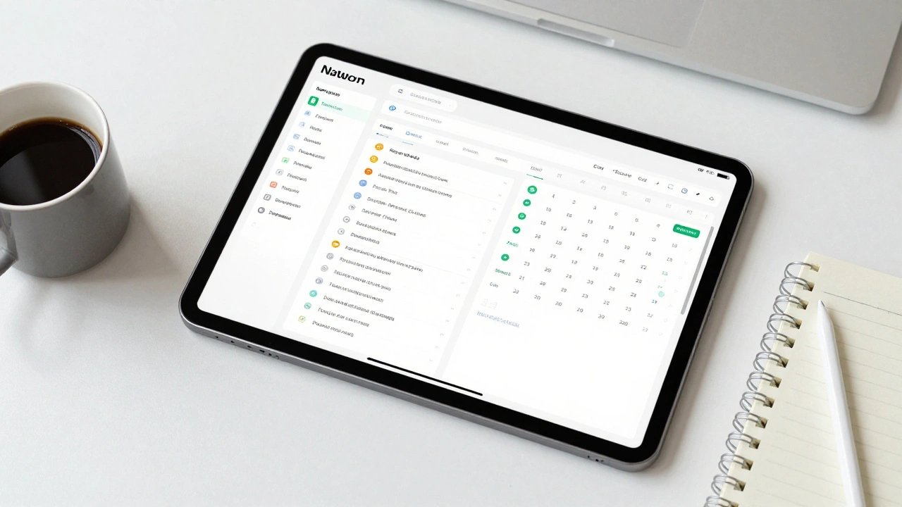 Планшет с организованной базой данных и календарем на столе
