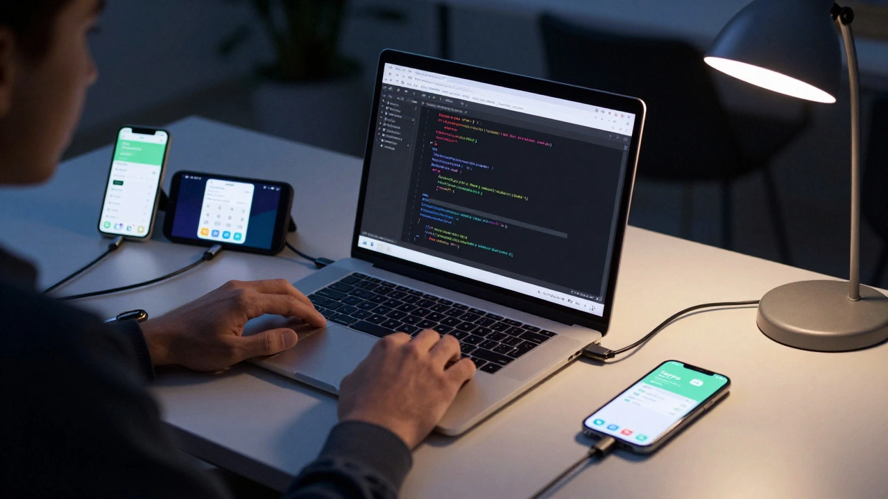 Рабочее место тестировщика с ноутбуком и подключенными мобильными устройствами