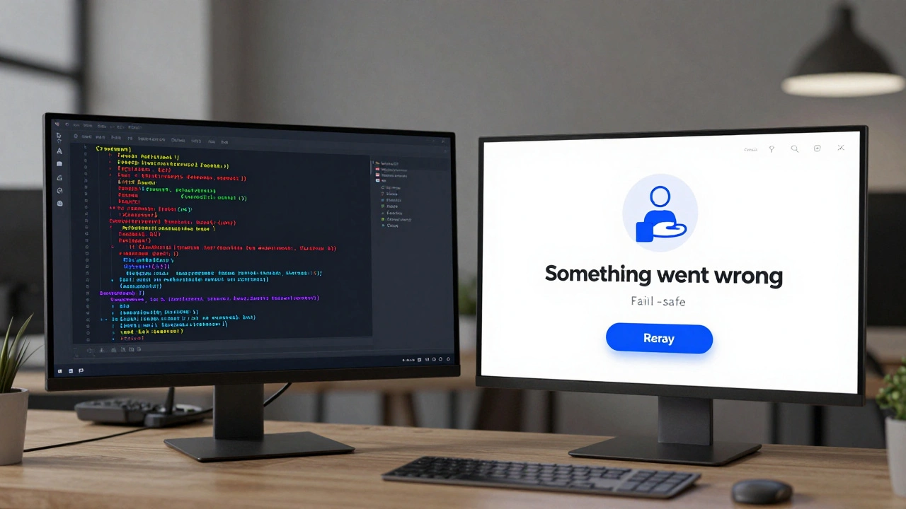 Разделенный экран: детальный технический отчет об ошибке в разработке и вежливое уведомление в продакшене.