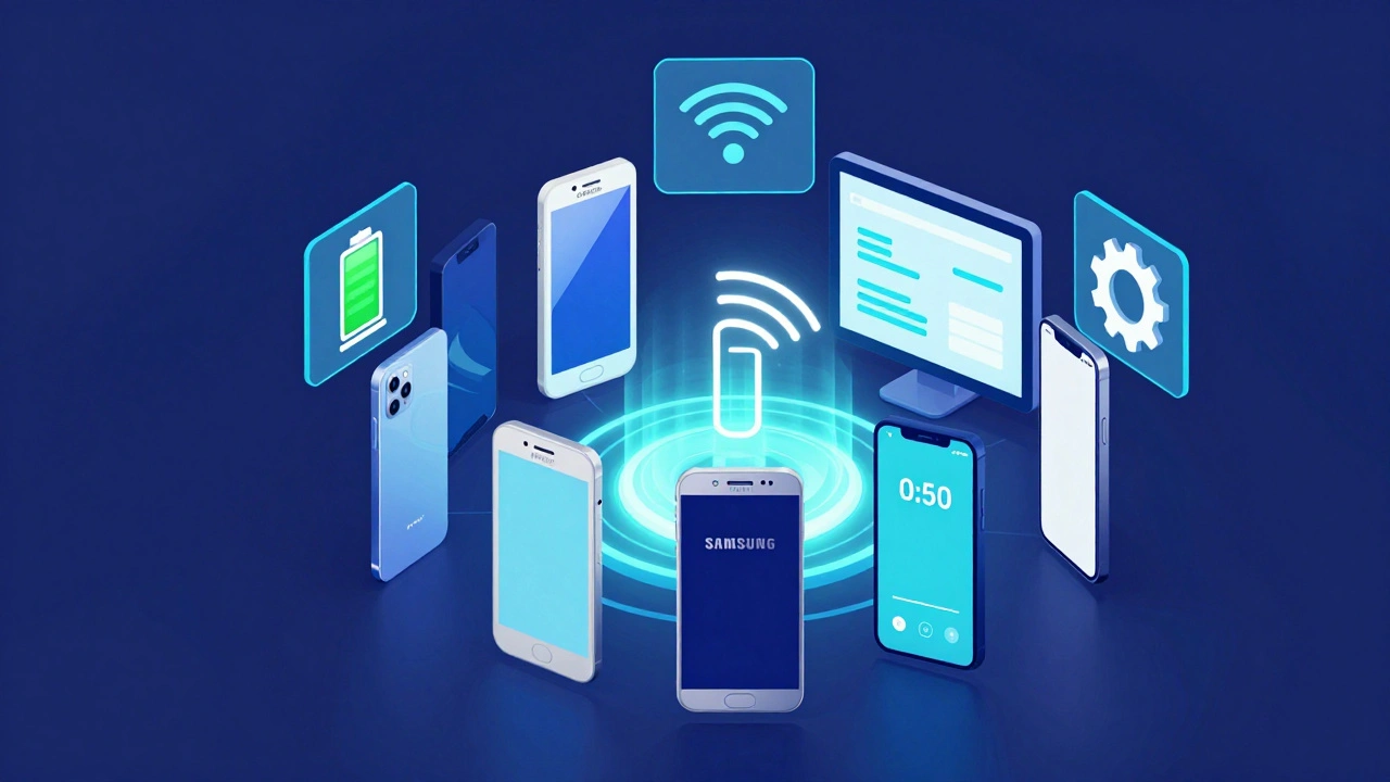 Различные модели смартфонов и иконки тестов сети и батареи в изометрии