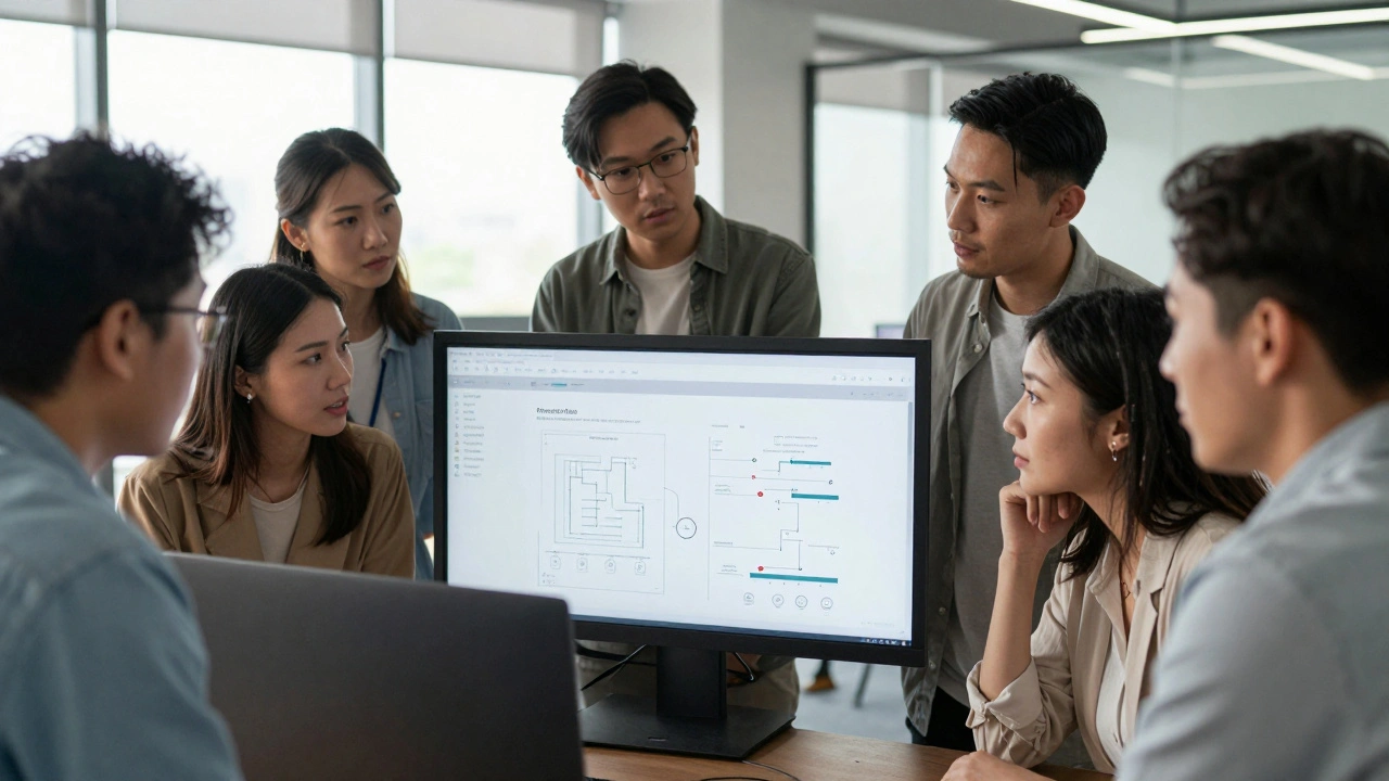 Разработчики в офисе обсуждают техническую статью на большом экране