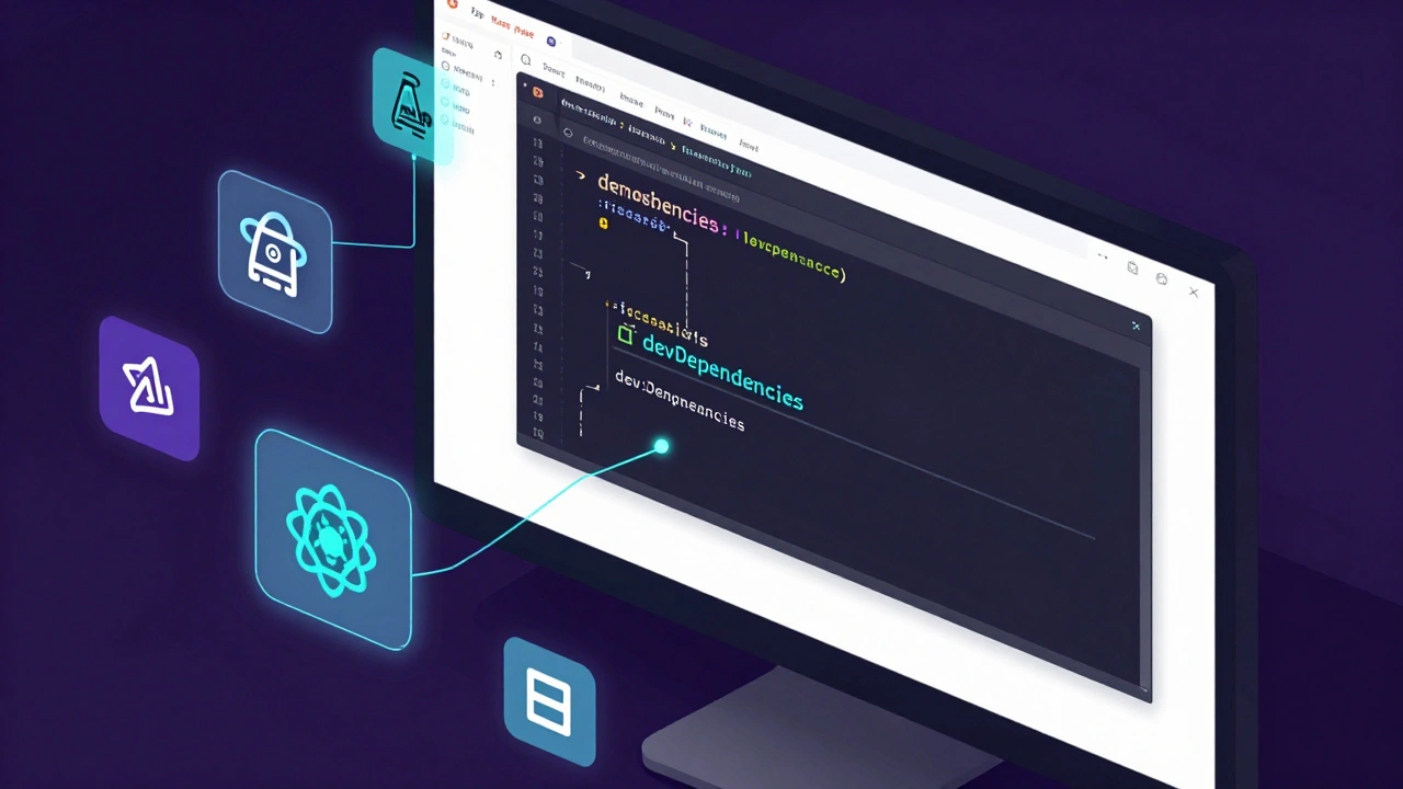 Редактор кода с файлом package.json и голограммы библиотек JavaScript вокруг
