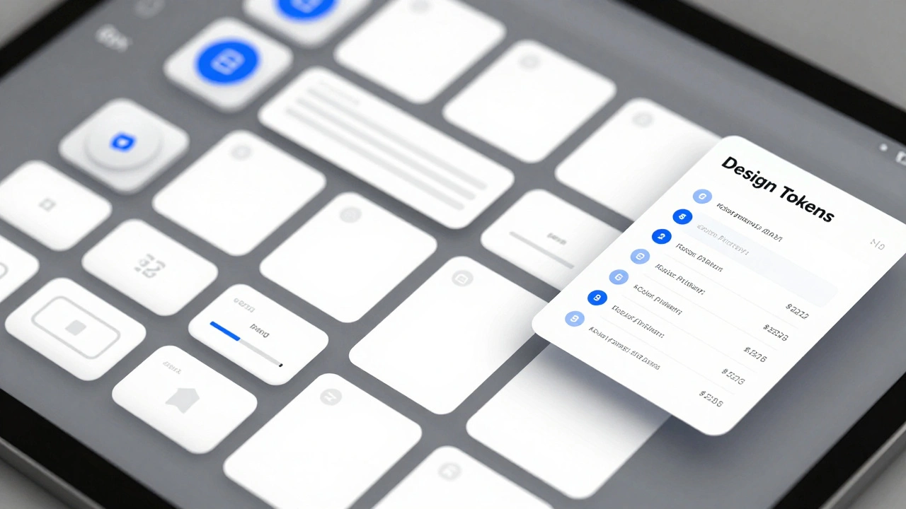 Сетка дизайн-системы с UI-элементами и панелью дизайн-токенов